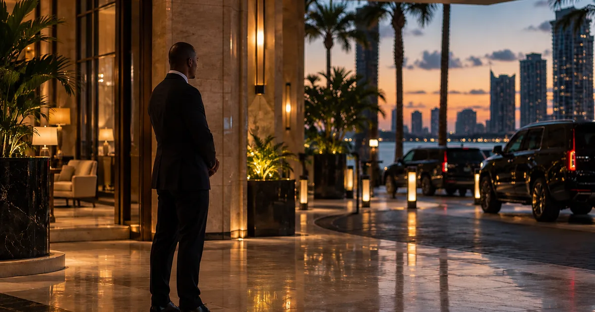 A protection professional standing quietly in a Miami hotel lobby at dusk.